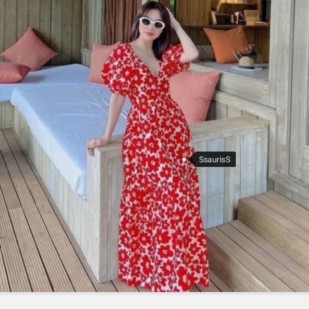 ZARA boho Floral Red Maxi Dress